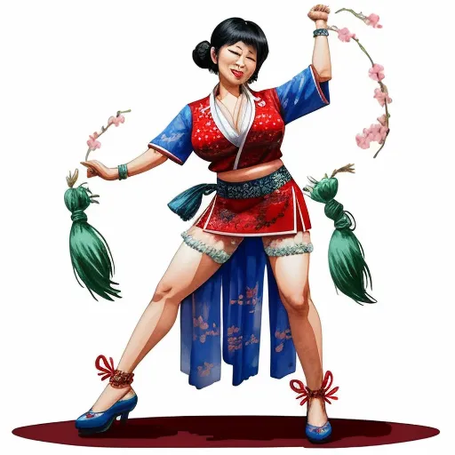 image resolution - a woman in a red and blue outfit holding a flower and a string of flowers in her hand and a green bag, by Chen Daofu
