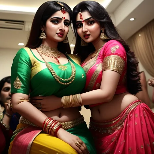image quality lower - two women in indian attire posing for a picture together in a room with people in the background and a woman in the foreground, by Botero