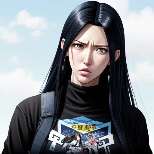 ai image generator names - a woman with long black hair and a black shirt with a picture of a woman on it's chest, by Terada Katsuya