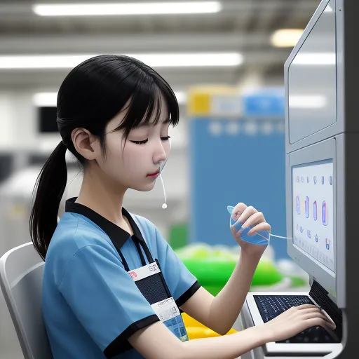 high quality photos online - a young girl is using a computer screen to work on something on the screen and she is wearing a blue shirt, by NHK Animation