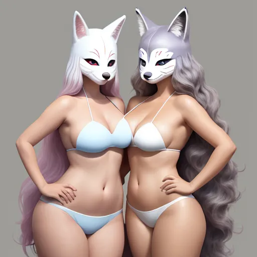 two women in bikinis with cats on their heads and one wearing a cat mask and the other wearing a bikini, by Terada Katsuya