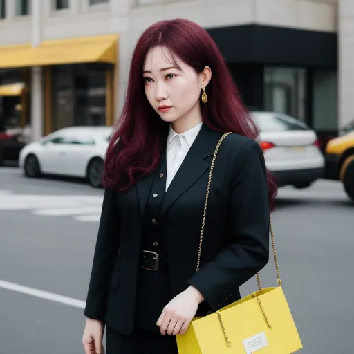 a woman with red hair is carrying a yellow purse and a yellow purse on a city street with cars, by Sydney Prior Hall