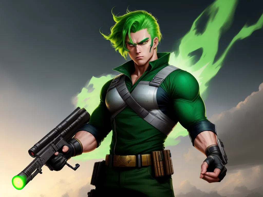 generate photo from text - a man with green hair holding a gun and a green light in his hand and a green light in his other hand, by theCHAMBA