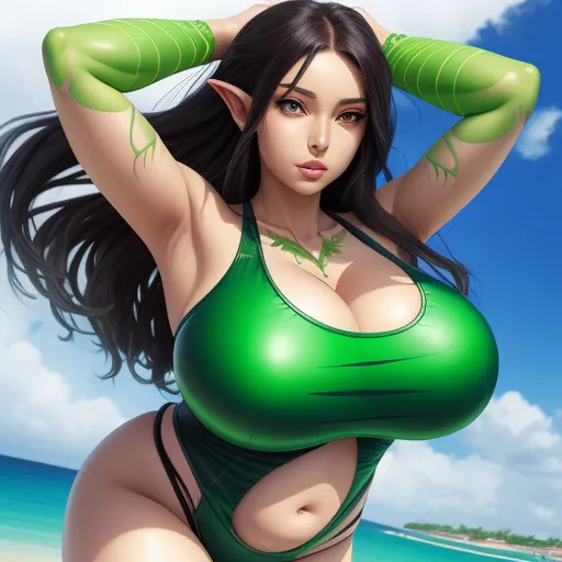 convert photo to high resolution - a woman in a green bikini on a beach with a blue sky in the background and a blue sky in the background, by Hirohiko Araki