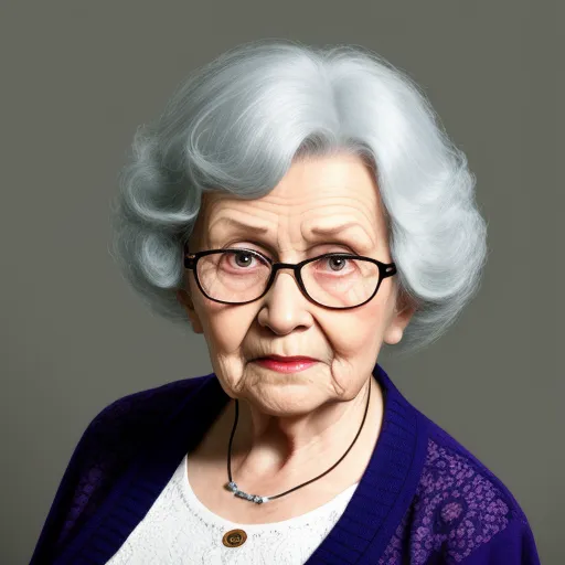 pixel to inches conversion - an old woman with glasses and a purple sweater on a gray background with a black frame and a white collar, by Alex Prager