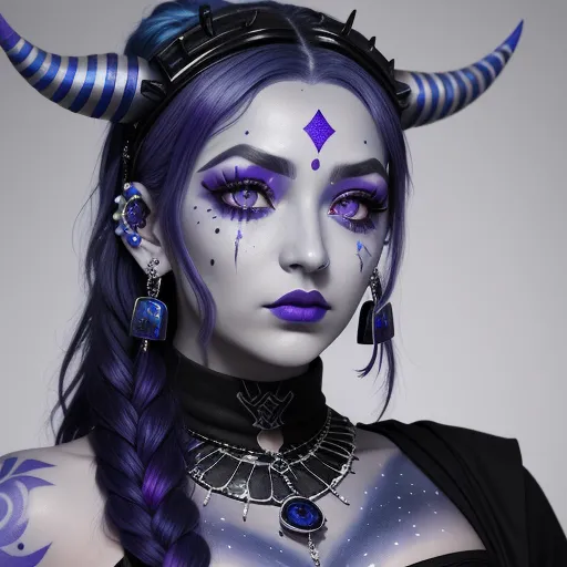 complete image ai - a woman with purple hair and horns with blue makeup and piercings on her ears and chest, wearing a black dress, by Terada Katsuya