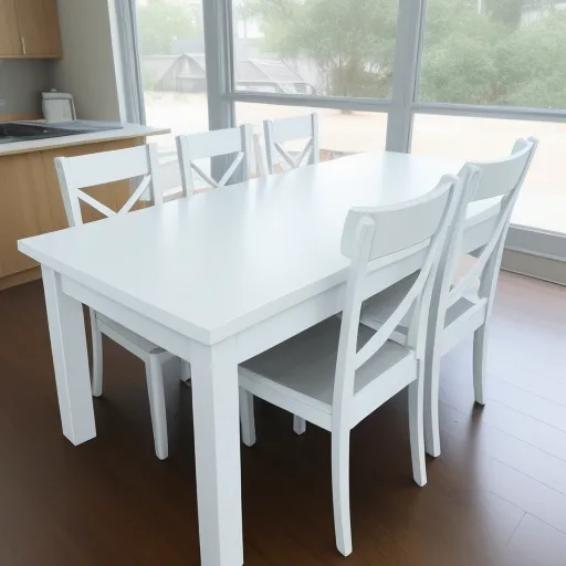 a white table and chairs in a room with a large window and a wooden floor and a wooden floor, by Toei Animations