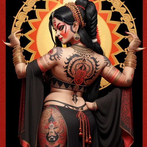 4k photos converter - a woman with a tattoo on her back and arms and legs, standing in front of a sun with a red background, by Michael Hutter