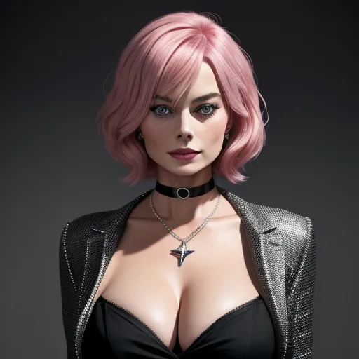 high quality maker - a woman with pink hair wearing a black bra and a black jacket with a silver collar and a star necklace, by Terada Katsuya