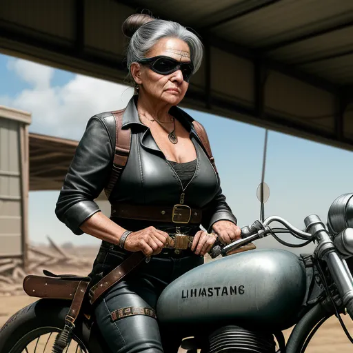 ai text to picture - a woman in leathers is sitting on a motorcycle with a side car in the background and a building in the background, by Ed Freeman