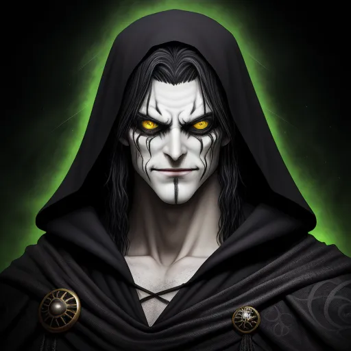 a man with yellow eyes and a black hooded outfit with a hood on and a green background with a black background, by Anton Semenov