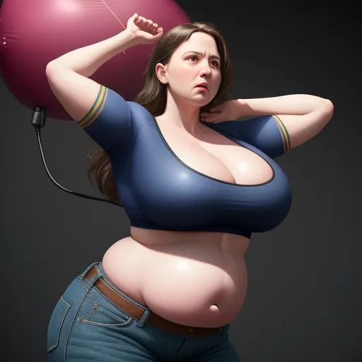 translate image online - a woman with a big breast holding a balloon in her hand and a microphone in her other hand,, by Botero