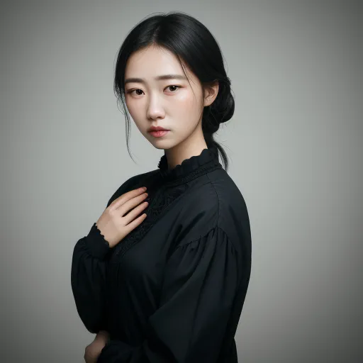 a woman with a black shirt and a black tie on her neck and a black shirt on her shoulder, by Chen Daofu