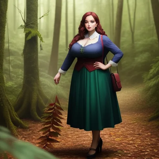 4k image - a woman in a green dress standing in a forest with a red purse and a red purse on her shoulder, by Studio Ghibli