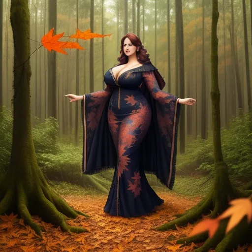 a woman in a blue dress standing in a forest with leaves on the ground and a tree with orange leaves, by Edmond Xavier Kapp