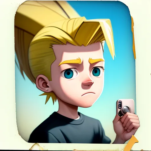 how to increase photo resolution - a cartoon of a boy holding a cell phone with a sad look on his face and a yellow mohawk, by Toei Animations