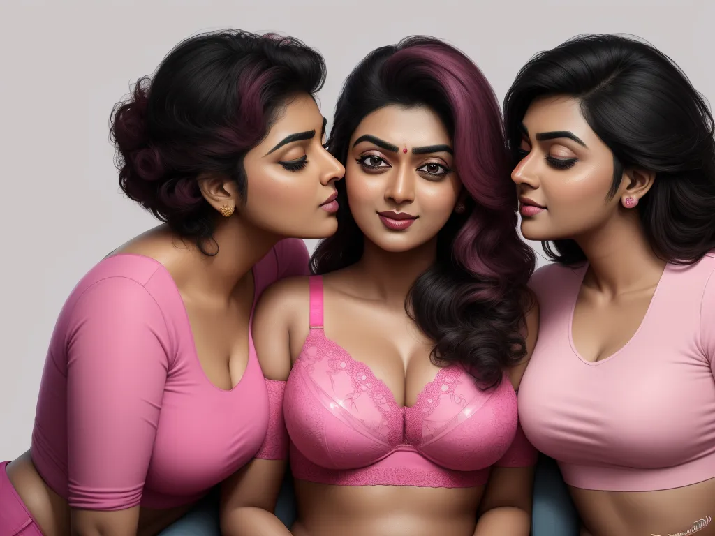 advanced ai image generator - three women in pink lingerie with one of them touching her breast and the other looking at her breasts, by Raja Ravi Varma