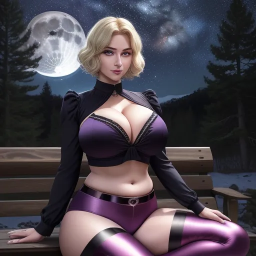 a woman in a purple outfit sitting on a bench with a full moon in the background and a full moon in the sky, by Hirohiko Araki
