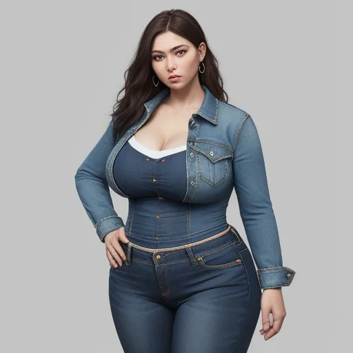 4k hd photo converter - a woman in a jean jacket and jeans poses for a picture in a studio photo shoot with her hands on her hips, by Terada Katsuya
