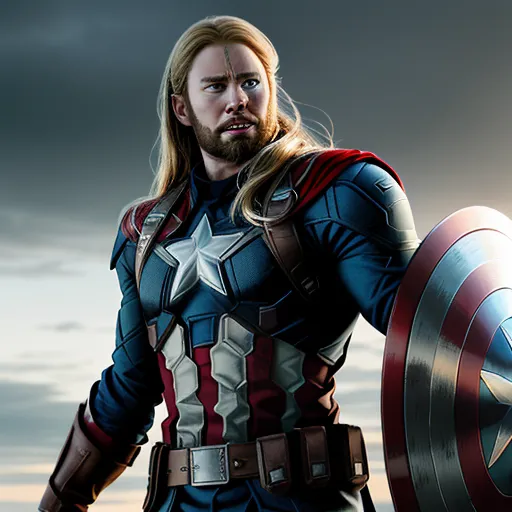 ai that generate images - a man dressed as captain america holding a shield and sword in his hands, with a cloudy sky in the background, by François Quesnel