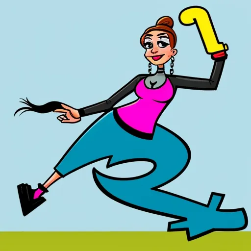 a woman running with a yellow hammer in her hand and a blue background with a green field and blue sky, by Genndy Tartakovsky