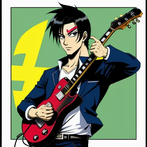 a man holding a guitar in his hand and wearing a blue jacket and white shirt with a red guitar in his hand, by Toei Animations