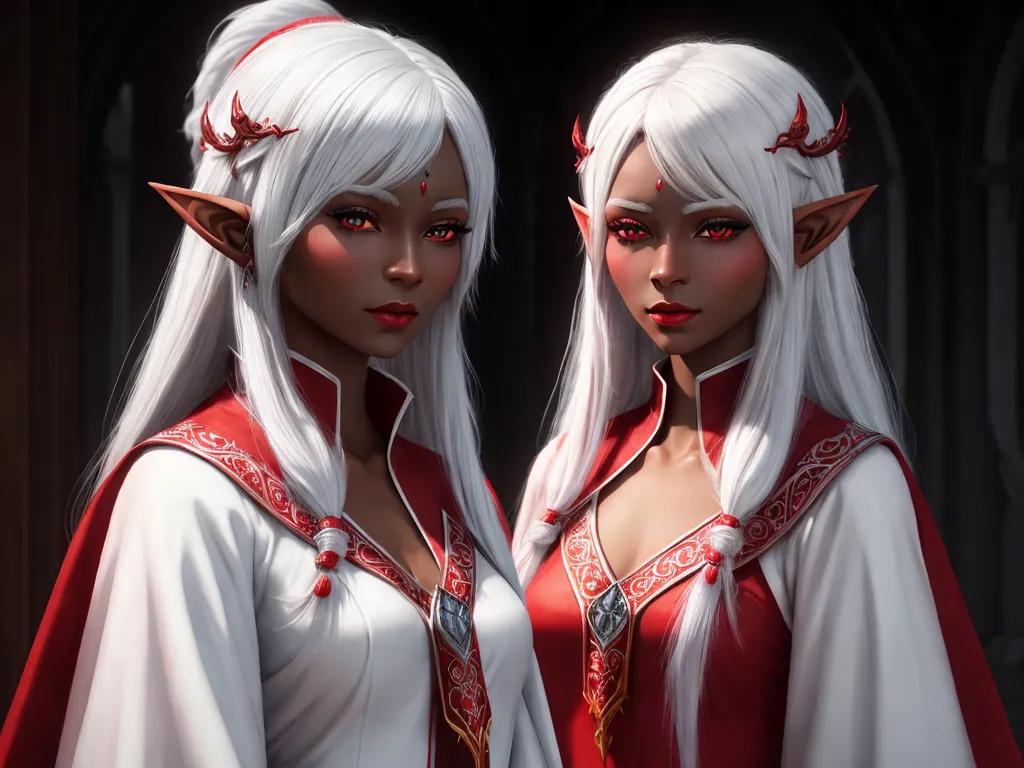 best ai picture generator - two white haired women in red and white outfits with horns and horns on their heads, both of them are facing opposite directions, by Chen Daofu