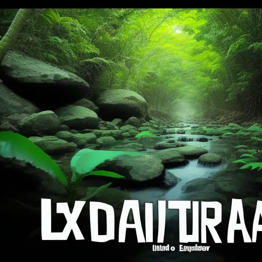 a stream in a forest with a green background and the words exdaitra written in white on the bottom, by Studio Ghibli