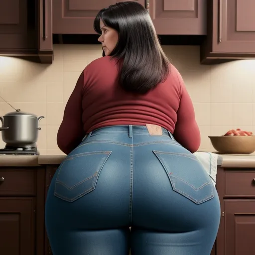 a woman in tight jeans is standing in a kitchen with her butt exposed and her hands on her hips, by Botero