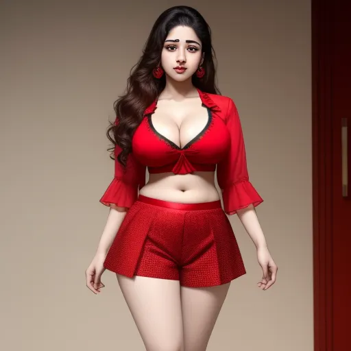 convert photo to 4k resolution - a woman in a red outfit is walking down the runway of a fashion show, with a red dress and red heels, by Chen Daofu