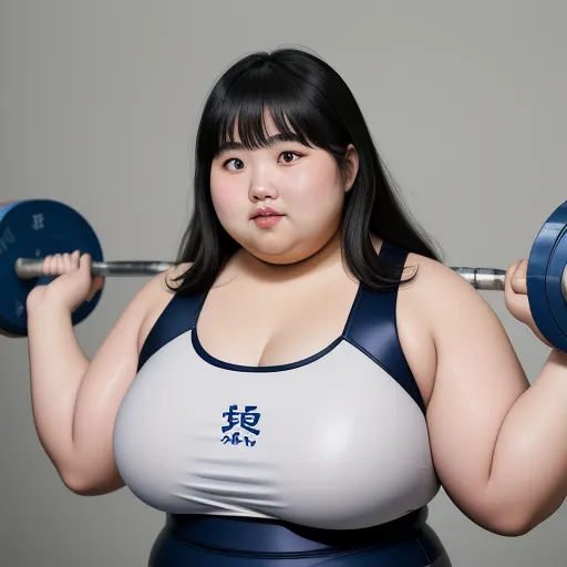 a woman with a weight scale and a barbell in her hands, posing for a picture with a gray background, by Terada Katsuya