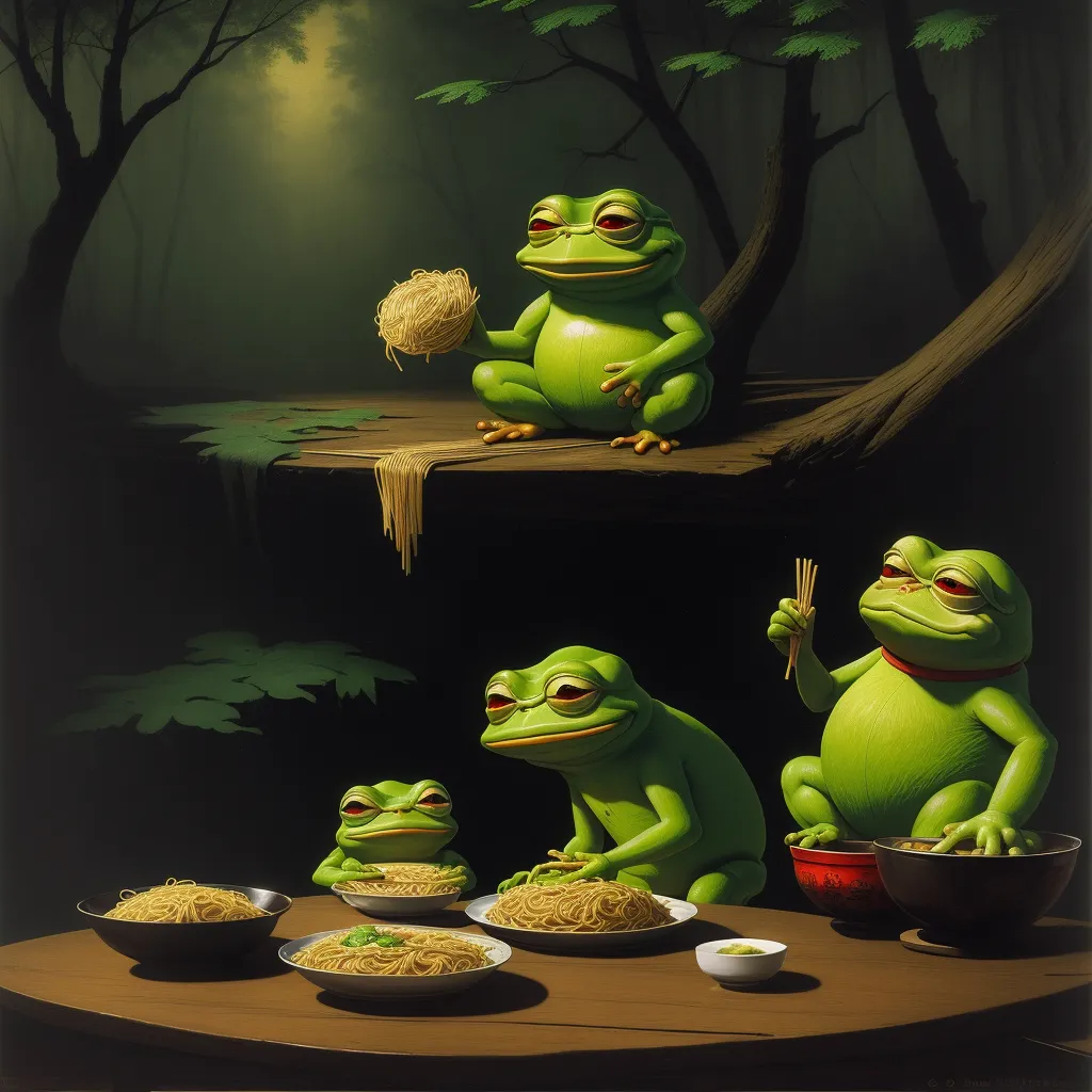 ai generated images from text - a painting of three frogs eating food in a forest setting with a forest background and a forest scene in the background, by Daniela Uhlig