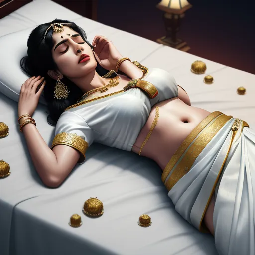 a woman in a white and gold outfit laying on a bed with gold coins around her waist and chest, by Raja Ravi Varma