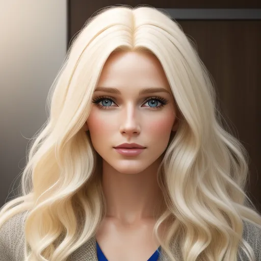 ai genrated images - a blonde wig with blue eyes and a blue shirt on a mannequin head, with a brown door in the background, by Terada Katsuya