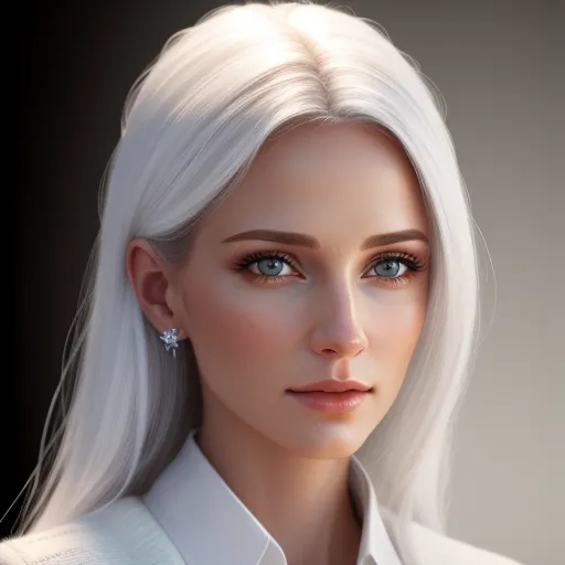 ai text to photo - a woman with white hair and a white shirt is wearing a pair of earrings and a white shirt is also wearing a white shirt, by Daniela Uhlig