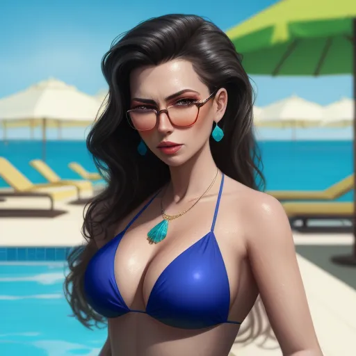 a woman in a bikini and glasses standing by a pool with a umbrella in the background and a blue bikini top, by Lois van Baarle