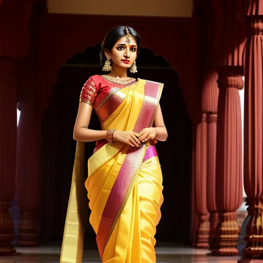 turn photos to 4k - a woman in a yellow sari with a red and yellow border on her sari and a red and yellow border on her sari, by Raja Ravi Varma