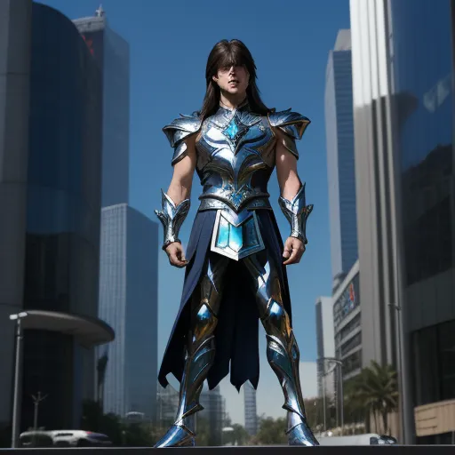 a woman in a futuristic suit standing in a city street with tall buildings in the background and a blue sky, by Chen Daofu