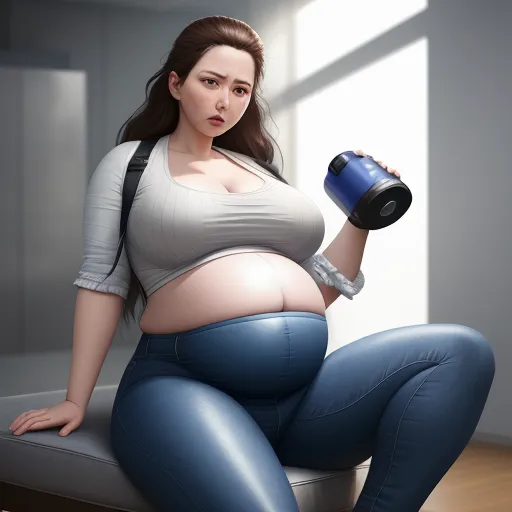 a pregnant woman sitting on a couch holding a blue cup in her hand and a black camera in her other hand, by Akira Toriyama
