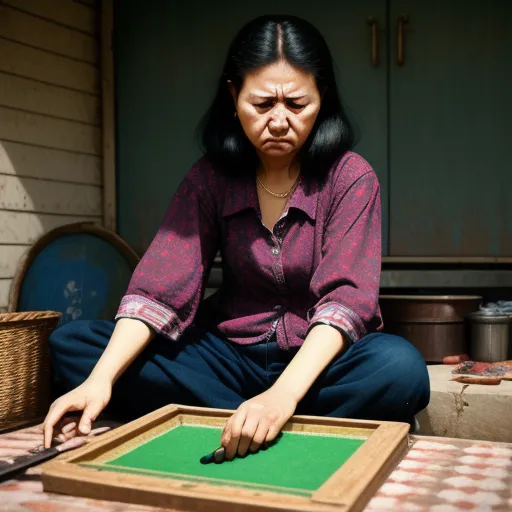 a woman sitting on the ground cutting a piece of wood with a knife and a green board on the ground, by Alec Soth