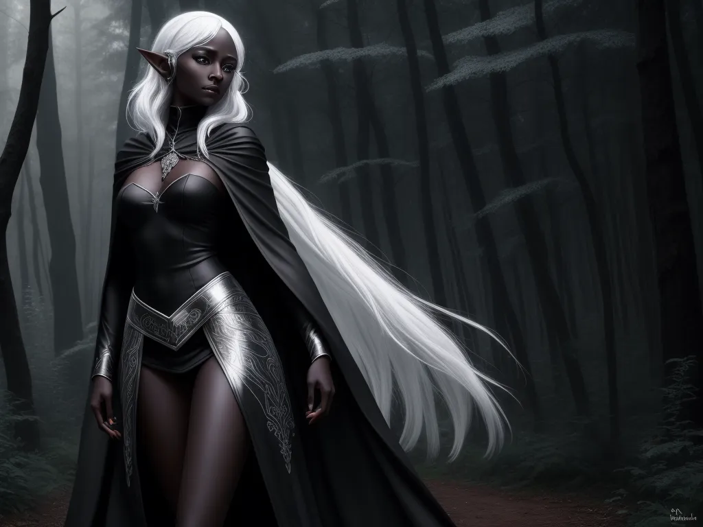 low quality - a woman in a black and white outfit standing in a forest with a white hair and white hair, wearing a black cape and a white wig, by Lois van Baarle