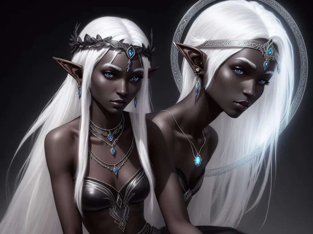 ai text to image - two white haired women with blue eyes and white hair, one with a blue eye and one with a silver headband, by Lois van Baarle