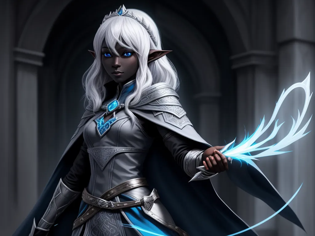 best ai picture generator - a woman dressed in a white outfit with blue eyes and a blue cape and wings on her shoulders and a black cape on her shoulder, by Daniela Uhlig