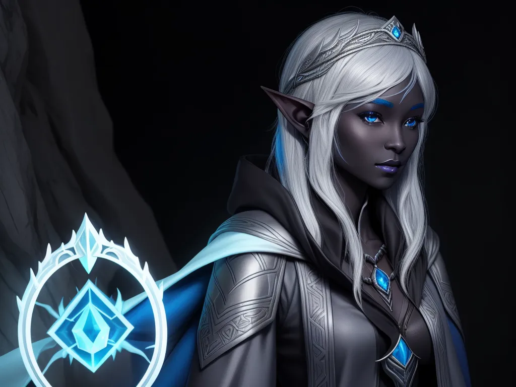 ai image editor - a woman with white hair and blue eyes wearing a black outfit and a blue cape with a diamond on it, by Lois van Baarle