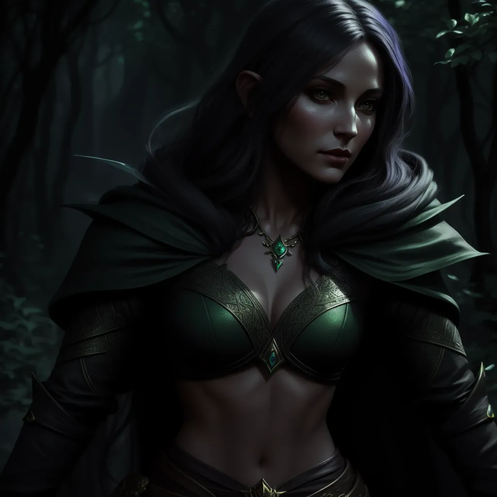 image to 4k - a woman in a green bra top and a green cape in a forest with trees and bushes behind her, by Antonio J. Manzanedo