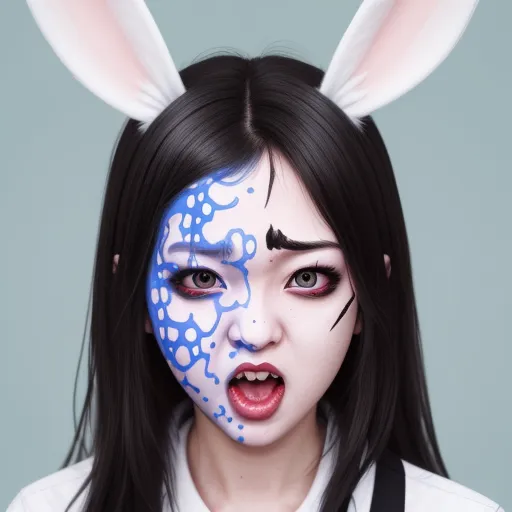 how to fix low resolution pictures on phone - a woman with blue and white face paint and bunny ears on her head, with a black suspender, by Terada Katsuya