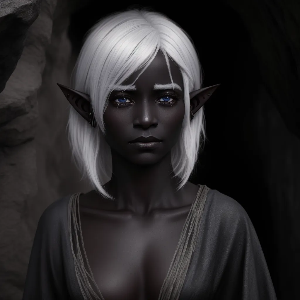ai image generator names - a woman with white hair and blue eyes wearing a white elf costume and a black elf costume with horns, by Terada Katsuya