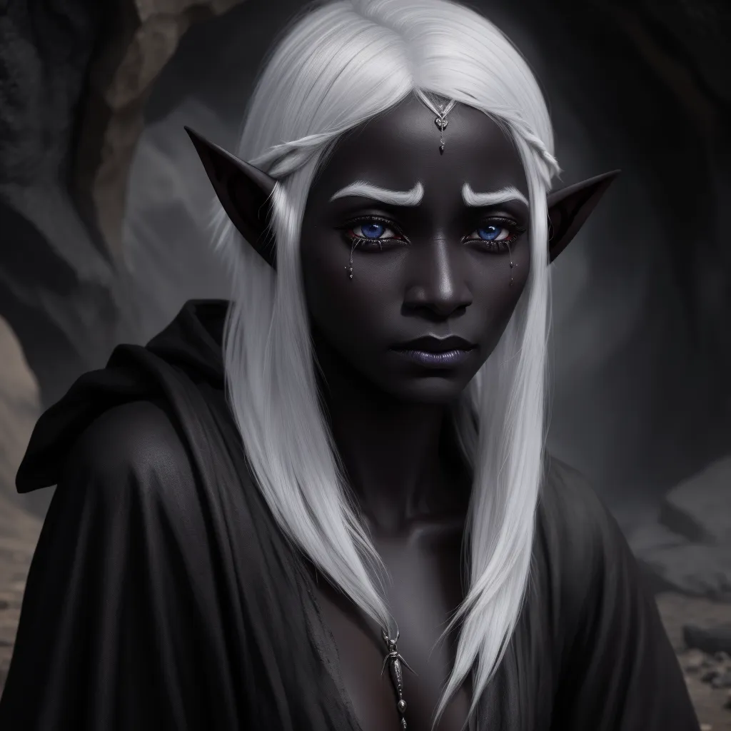 a woman with white hair and blue eyes wearing a black outfit and a white wig with horns and horns, by Daniela Uhlig