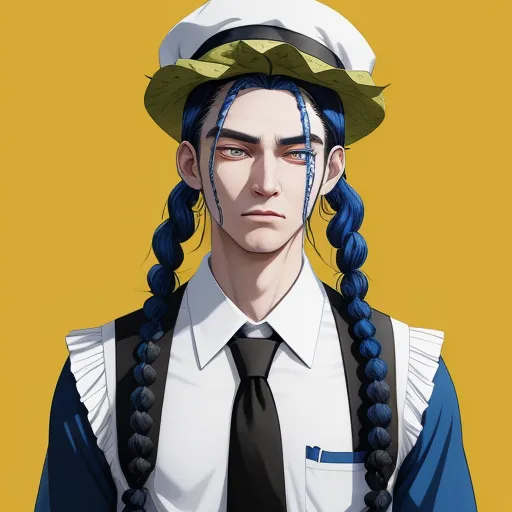 a man with long blue hair wearing a sailor's hat and a tie with braids on his head, by Liu Ye