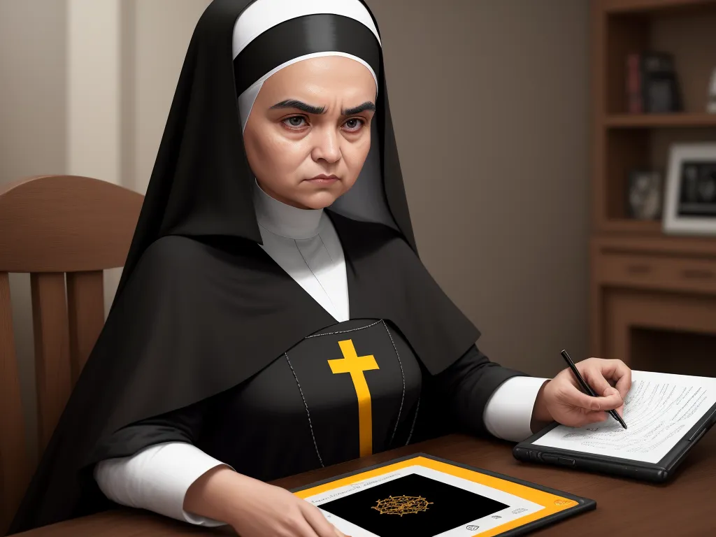 text to picture generator ai - a nun is sitting at a desk with a tablet and pen in her hand and a book in her lap, by Michelangelo Merisi Da Caravaggio
